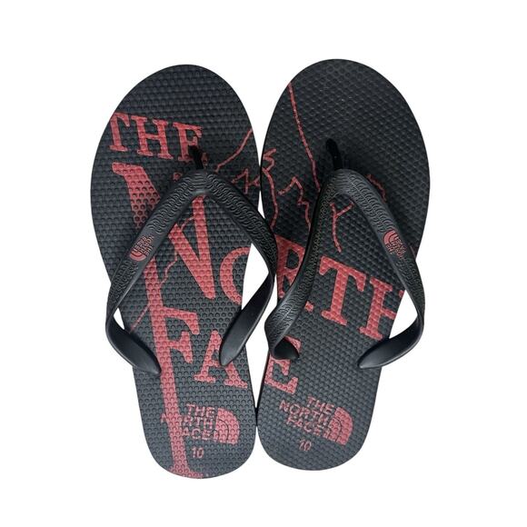 THE NORTH FACE Men’s Flip Flops Black Red All Over Pattern 10 Sandal Beach - Picture 1 of 8